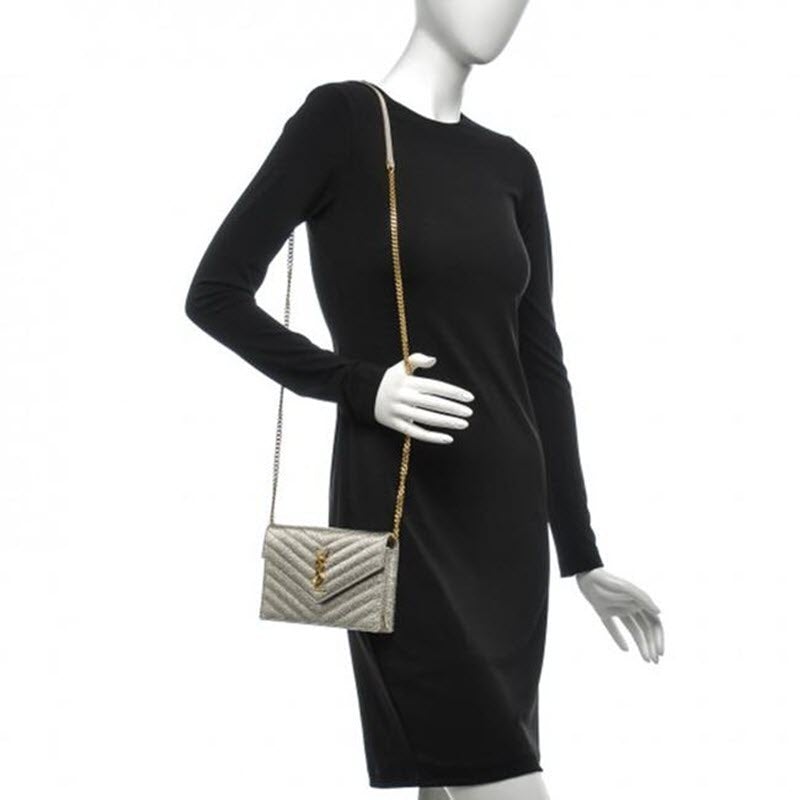 Saint Laurent Monogram Envelope Chain Wallet Metallic Silver Calfskin Leather Shoulder Bag
