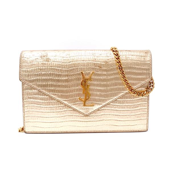 Saint Laurent Chain Wallet Monogram Envelope Small Metallic Gold Lizard Skin Leather Shoulder Bag
