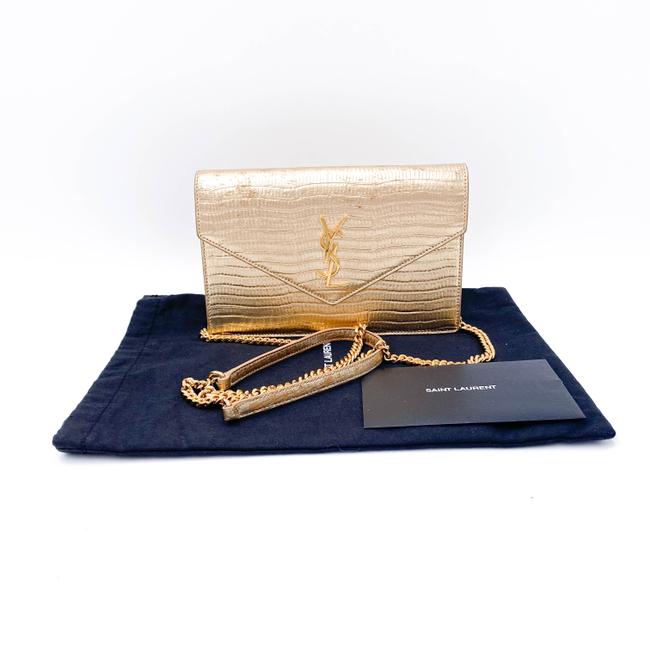 Saint Laurent Chain Wallet Monogram Envelope Small Metallic Gold Lizard Skin Leather Shoulder Bag