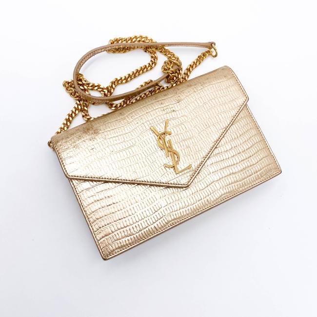 Saint Laurent Chain Wallet Monogram Envelope Small Metallic Gold Lizard Skin Leather Shoulder Bag