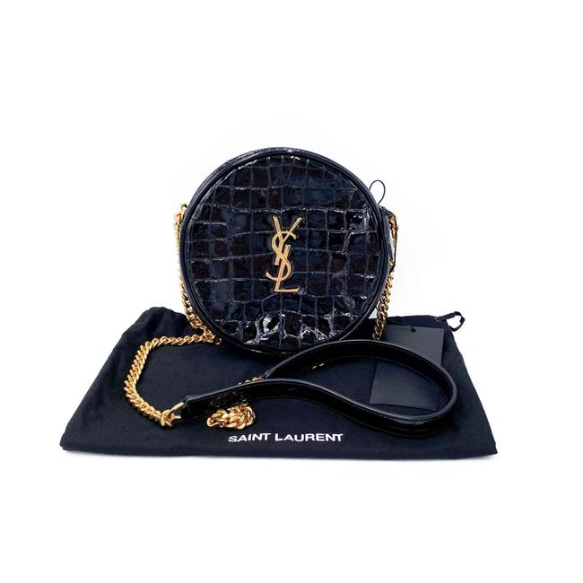 Saint Laurent Classic Camera Vinyle Ysl Monogram Round Croc-embossed Black Patent Leather Cross Body Bag