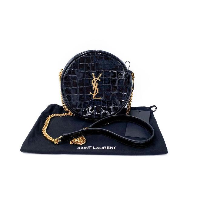 Saint Laurent Classic Camera Vinyle Ysl Monogram Round Croc-embossed Black Patent Leather Cross Body Bag