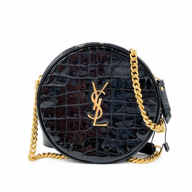 Saint Laurent Classic Camera Vinyle Ysl Monogram Round Croc-embossed Black Patent Leather Cross Body Bag