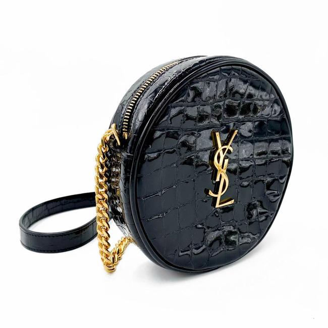 Saint Laurent Classic Camera Vinyle Ysl Monogram Round Croc-embossed Black Patent Leather Cross Body Bag