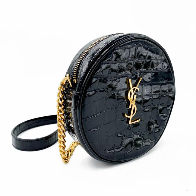 Saint Laurent Classic Camera Vinyle Ysl Monogram Round Croc-embossed Black Patent Leather Cross Body Bag