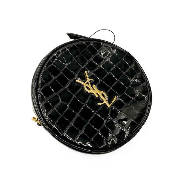Saint Laurent Classic Camera Vinyle Ysl Monogram Round Croc-embossed Black Patent Leather Cross Body Bag