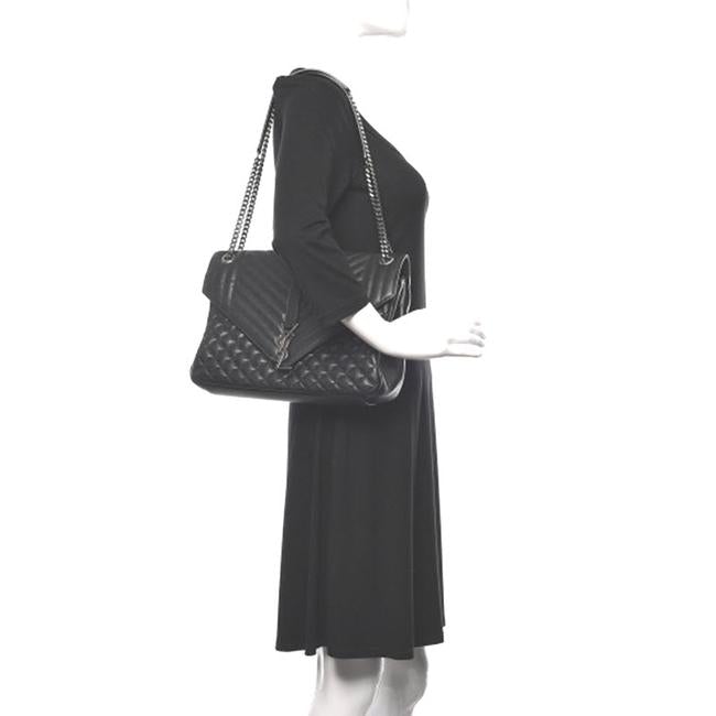 Saint Laurent Envelope Calfskin Mixed Matelasse Triquilt Large Monogram Gray Leather Satchel