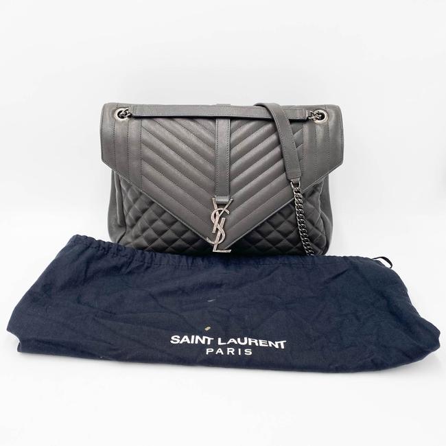 Saint Laurent Envelope Calfskin Mixed Matelasse Triquilt Large Monogram Gray Leather Satchel