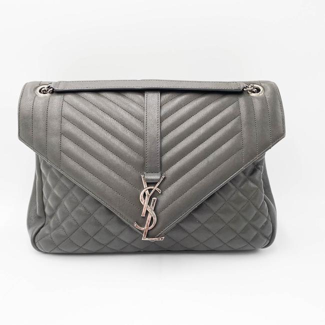 Saint Laurent Envelope Calfskin Mixed Matelasse Triquilt Large Monogram Gray Leather Satchel