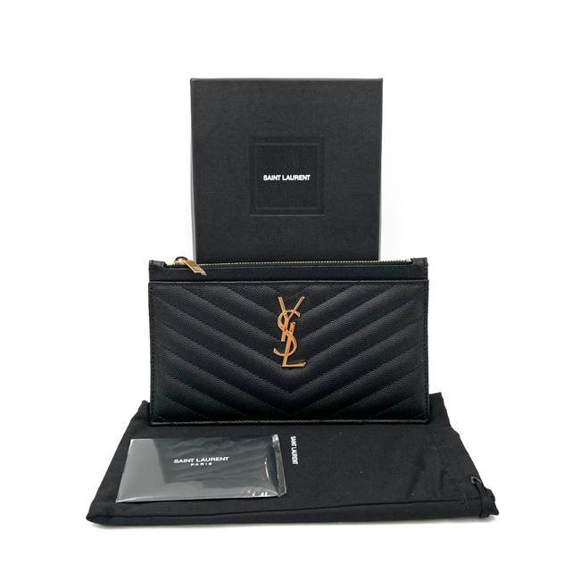 Saint Laurent Clutch Monogram Quilted Textured-leather Black Leather Wristlet