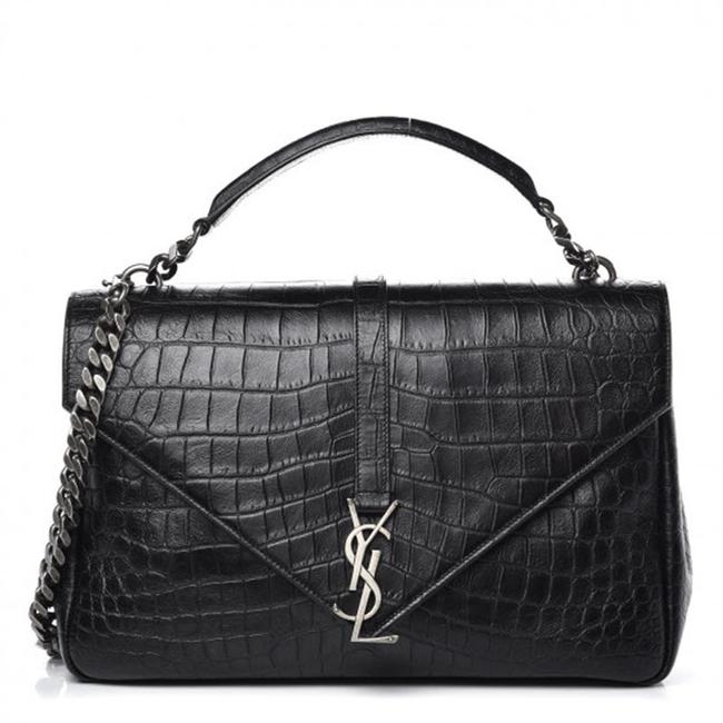 Saint Laurent Crocodile Embossed Monogram Large College Black Calfskin Leather Satchel