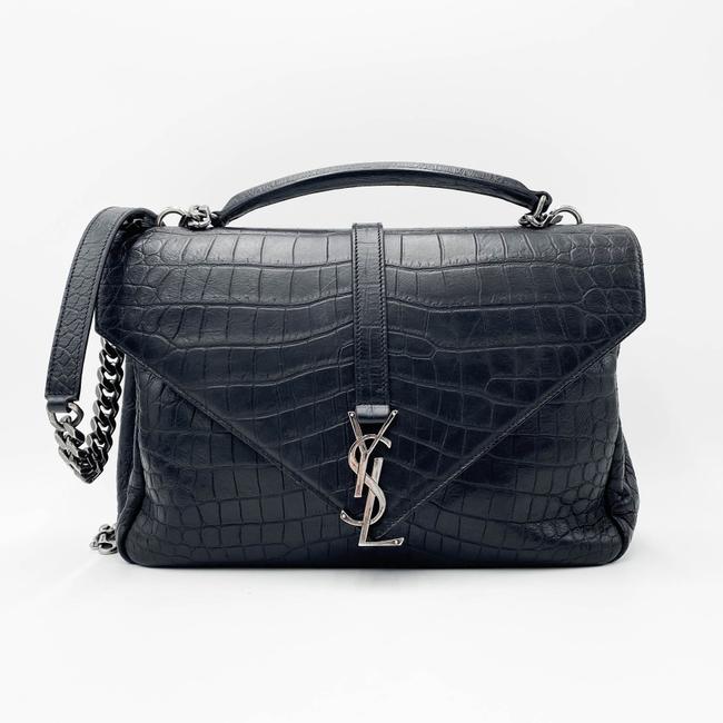 Saint Laurent Crocodile Embossed Monogram Large College Black Calfskin Leather Satchel