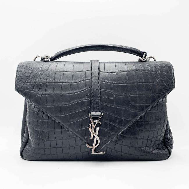 Saint Laurent Crocodile Embossed Monogram Large College Black Calfskin Leather Satchel