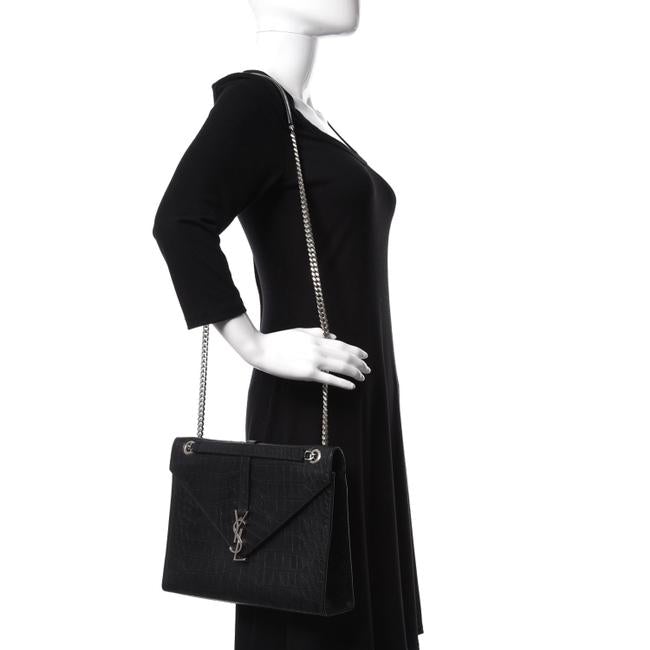 Saint Laurent Envelope Calfskin Crocodile Embossed Monogram Black Leather Satchel
