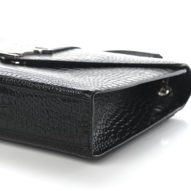 Saint Laurent Envelope Calfskin Crocodile Embossed Monogram Black Leather Satchel