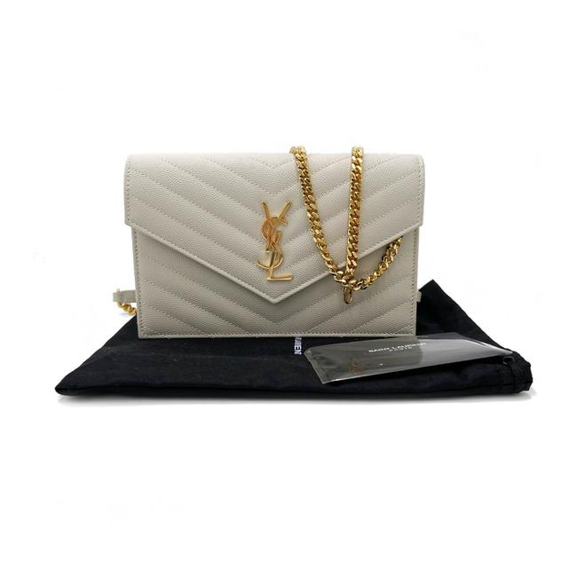 Saint Laurent Monogram Envelope Chain Wallet Medium Grained Matelasse White Leather Shoulder Bag