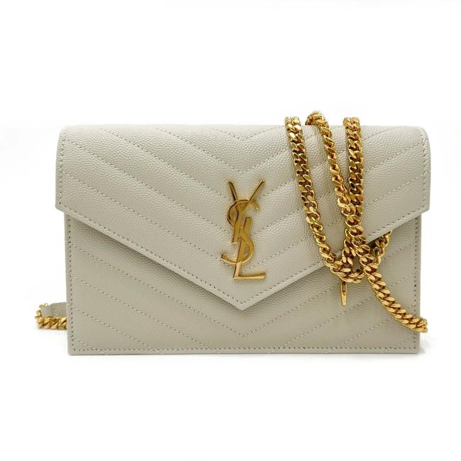 Saint Laurent Monogram Envelope Chain Wallet Medium Grained Matelasse White Leather Shoulder Bag