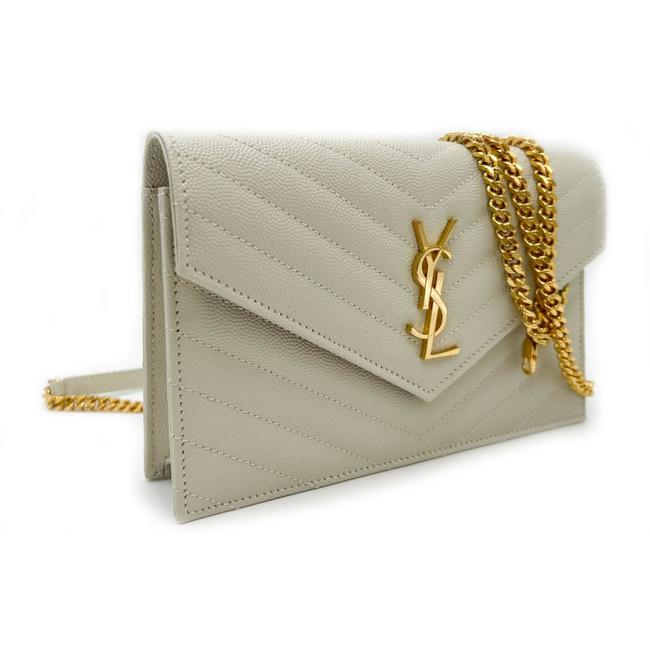 Saint Laurent Monogram Envelope Chain Wallet Medium Grained Matelasse White Leather Shoulder Bag
