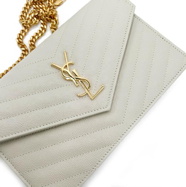 Saint Laurent Monogram Envelope Chain Wallet Medium Grained Matelasse White Leather Shoulder Bag