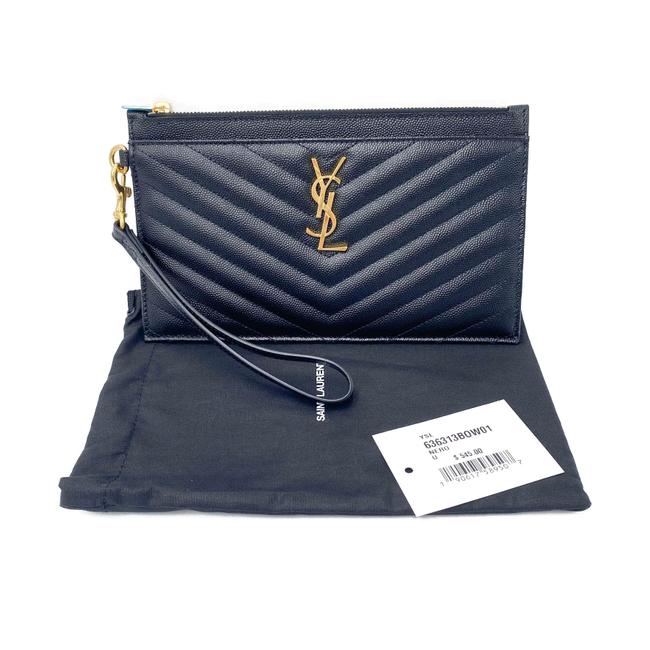 Saint Laurent Envelope Clutch Ysl Monogram Quilted Wallet Black Leather Wristlet