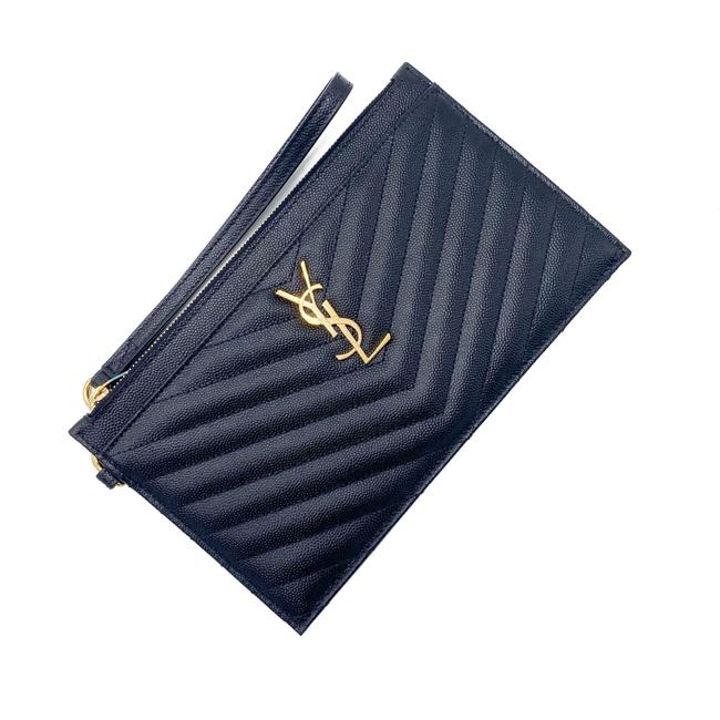Saint Laurent Envelope Clutch Ysl Monogram Quilted Wallet Black Leather Wristlet
