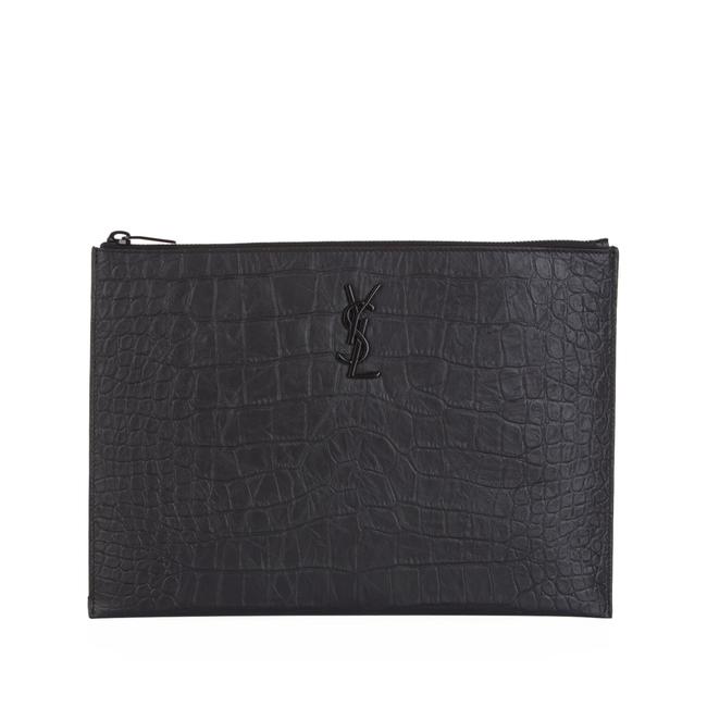 Saint Laurent Envelope Croc-embossed Monogram Pouch Zip Black Leather Clutch