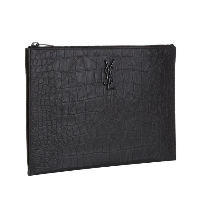 Saint Laurent Envelope Croc-embossed Monogram Pouch Zip Black Leather Clutch