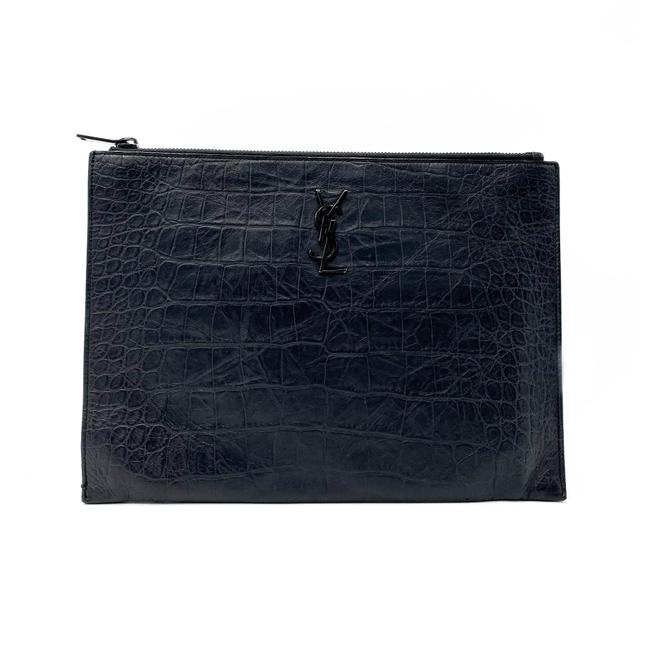 Saint Laurent Envelope Croc-embossed Monogram Pouch Zip Black Leather Clutch