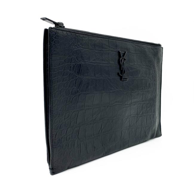 Saint Laurent Envelope Croc-embossed Monogram Pouch Zip Black Leather Clutch