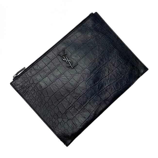 Saint Laurent Envelope Croc-embossed Monogram Pouch Zip Black Leather Clutch