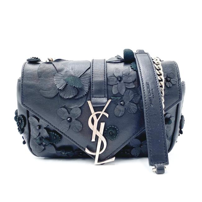 Saint Laurent Envelope Floral Embellished Baby Monogram Black Leather Shoulder Bag