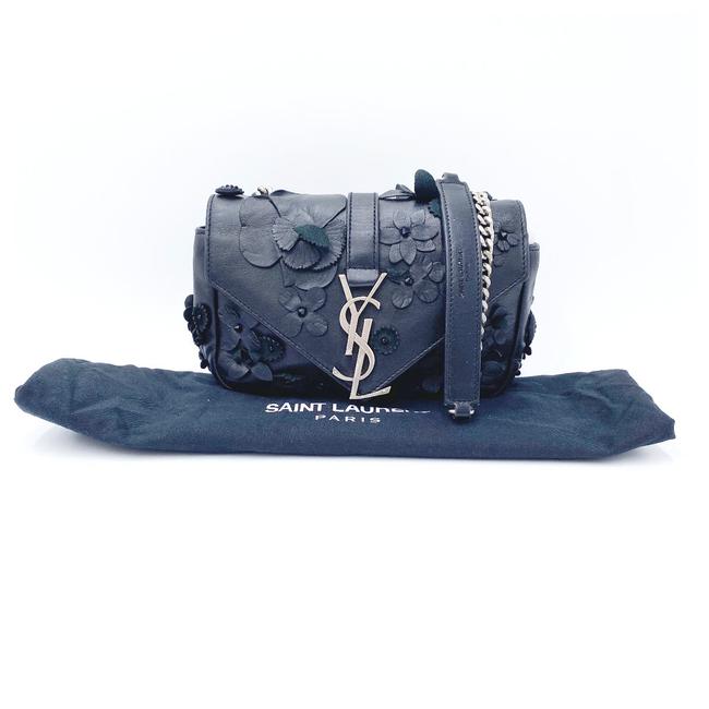 Saint Laurent Envelope Floral Embellished Baby Monogram Black Leather Shoulder Bag