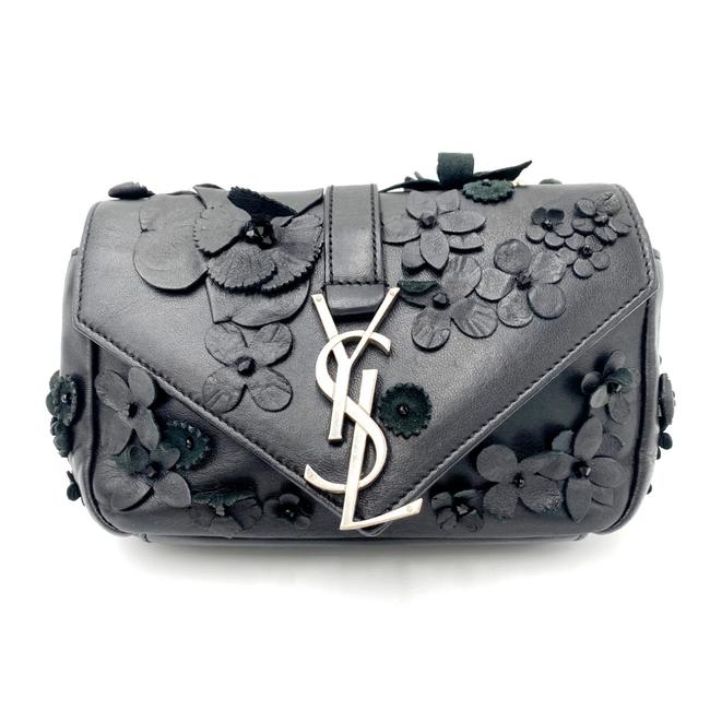 Saint Laurent Envelope Floral Embellished Baby Monogram Black Leather Shoulder Bag