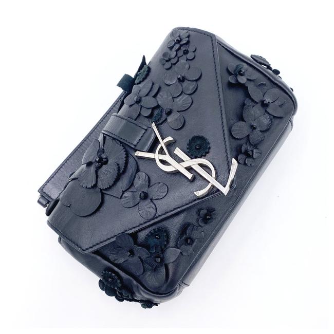 Saint Laurent Envelope Floral Embellished Baby Monogram Black Leather Shoulder Bag