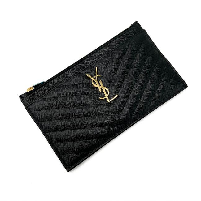 Saint Laurent Envelope Grain De Poudre Chevron Monogram Bill Pouch 2021 Black Leather Clutch