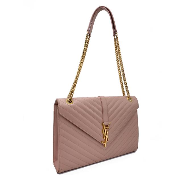 Saint Laurent Monogram Envelope Grain De Poudre Matelasse Chevron Large Dusty Rose Pink Leather Shoulder Bag