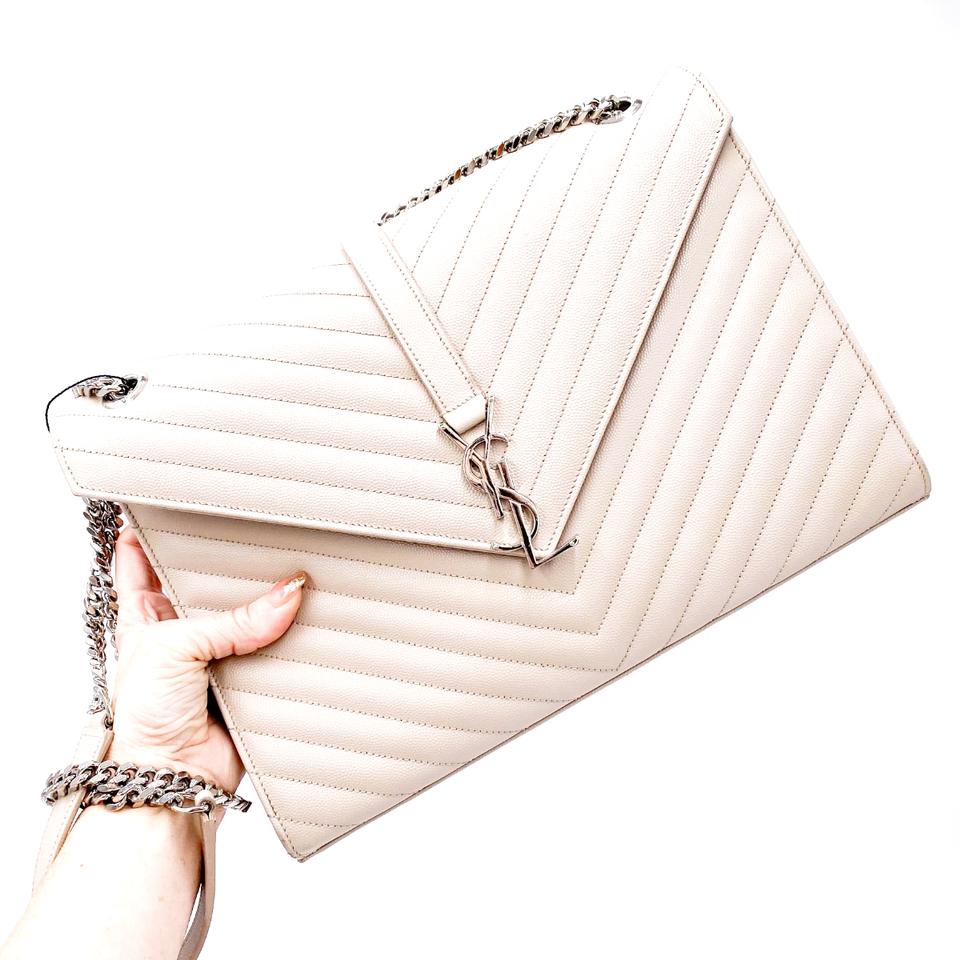 Saint Laurent Envelope Grain De Poudre Matelasse Chevron Large Monogram Satchel Nude Beige Leather Shoulder Bag