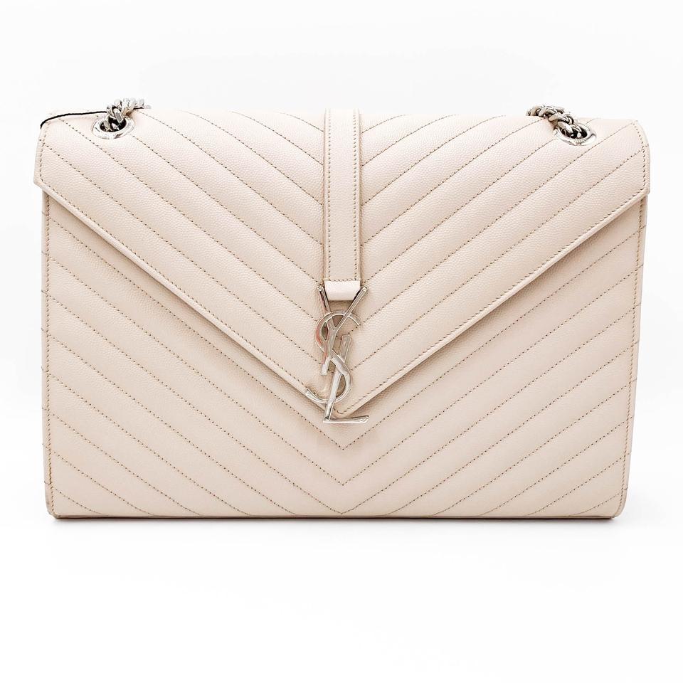 Saint Laurent Envelope Grain De Poudre Matelasse Chevron Large Monogram Satchel Nude Beige Leather Shoulder Bag