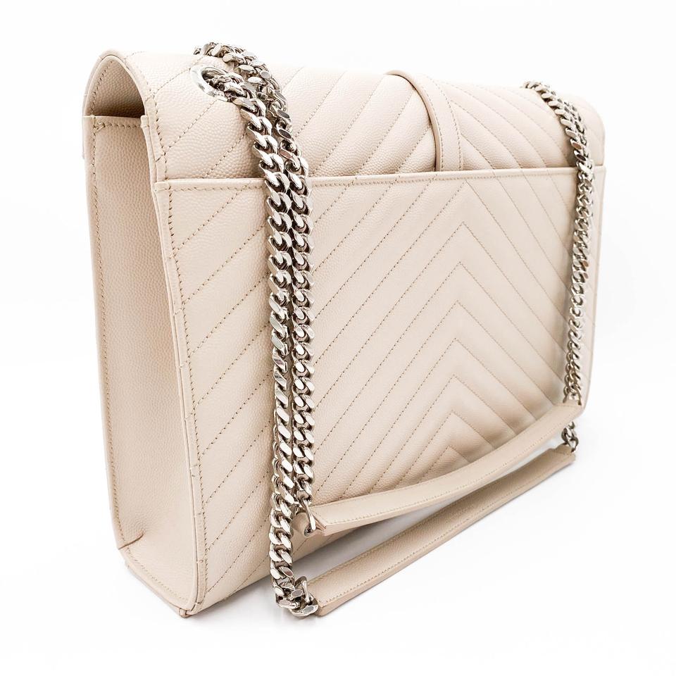 Saint Laurent Envelope Grain De Poudre Matelasse Chevron Large Monogram Satchel Nude Beige Leather Shoulder Bag