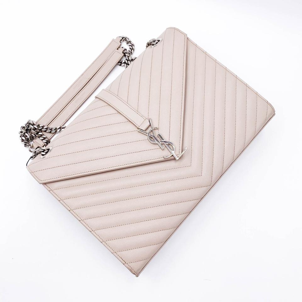 Saint Laurent Envelope Grain De Poudre Matelasse Chevron Large Monogram Satchel Nude Beige Leather Shoulder Bag