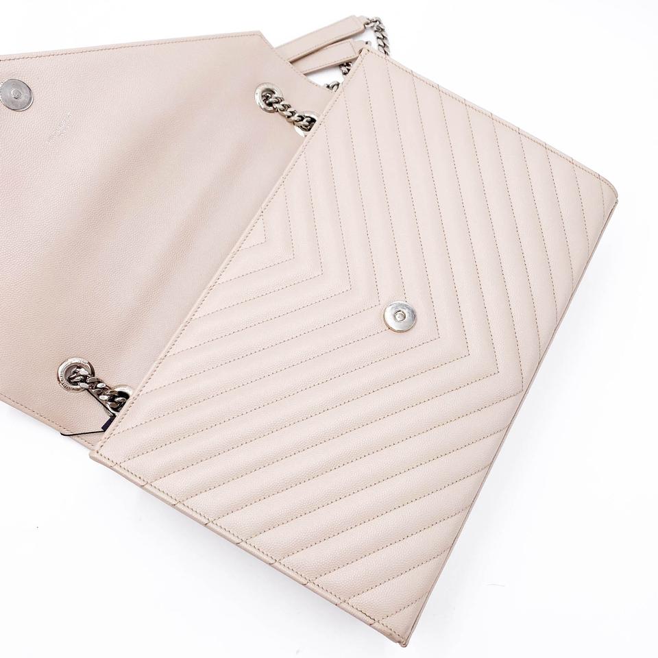 Saint Laurent Envelope Grain De Poudre Matelasse Chevron Large Monogram Satchel Nude Beige Leather Shoulder Bag