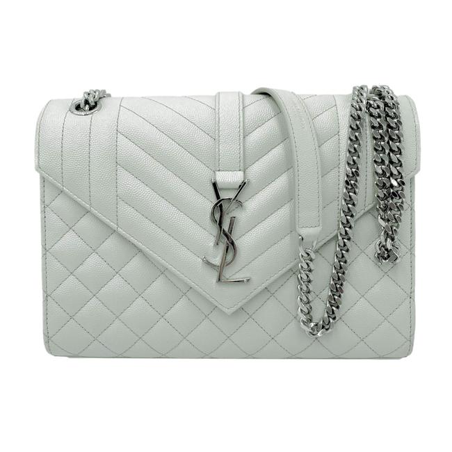 Saint Laurent Envelope Grain De Poudre Textured Mixed Matelasse Medium Triquilt Monogram Satc White Leather Shoulder Bag