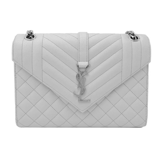 Saint Laurent Envelope Grain De Poudre Textured Mixed Matelasse Medium Triquilt Monogram Satc White Leather Shoulder Bag