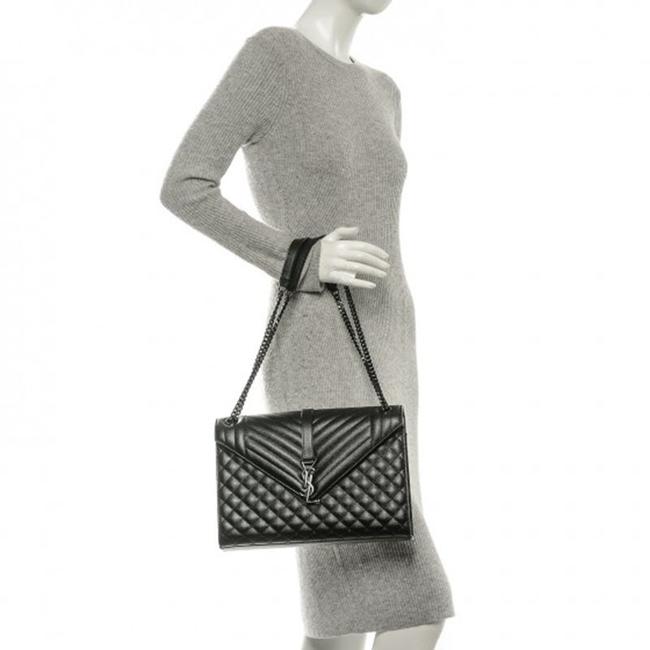 Saint Laurent Monogram Envelope Grain De Poudre Textured Mixed Matelasse Triquilt Large Black Leather Shoulder Bag