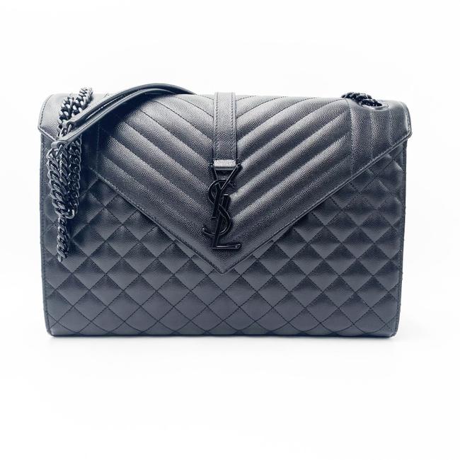 Saint Laurent Monogram Envelope Grain De Poudre Textured Mixed Matelasse Triquilt Large Black Leather Shoulder Bag