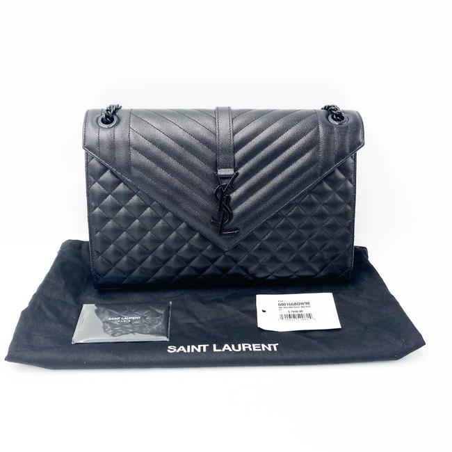 Saint Laurent Monogram Envelope Grain De Poudre Textured Mixed Matelasse Triquilt Large Black Leather Shoulder Bag