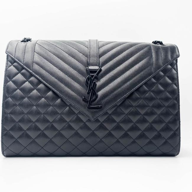 Saint Laurent Monogram Envelope Grain De Poudre Textured Mixed Matelasse Triquilt Large Black Leather Shoulder Bag