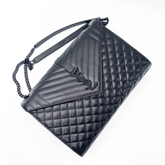 Saint Laurent Monogram Envelope Grain De Poudre Textured Mixed Matelasse Triquilt Large Black Leather Shoulder Bag