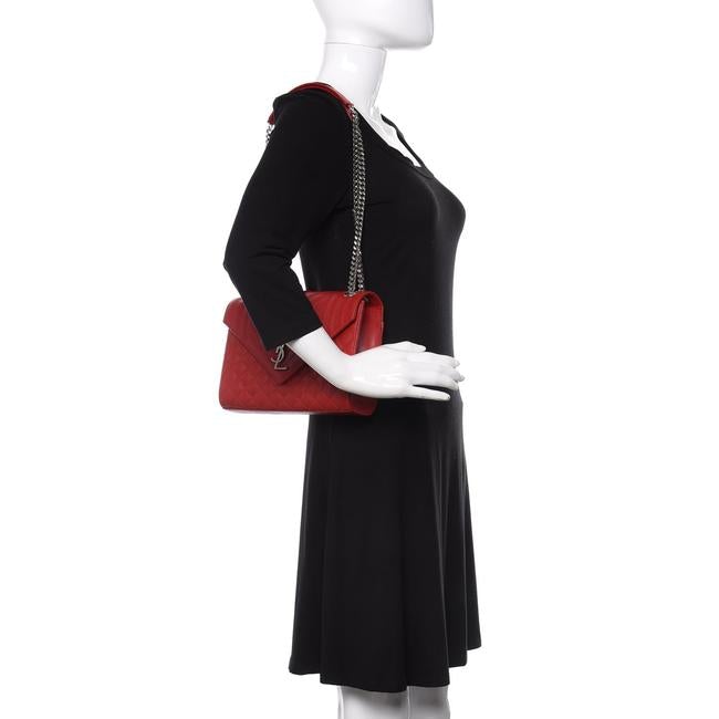Saint Laurent Monogram Envelope Grain De Poudre Textured Mixed Matelasse Triquilt Medium Red Leather Shoulder Bag