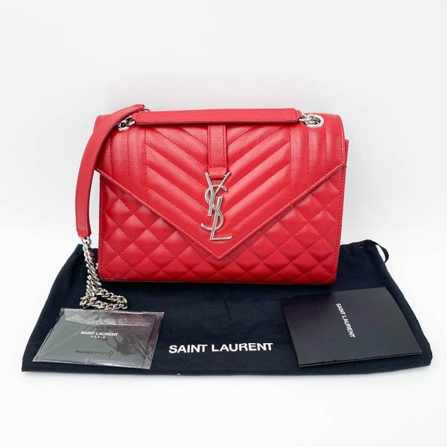 Saint Laurent Monogram Envelope Grain De Poudre Textured Mixed Matelasse Triquilt Medium Red Leather Shoulder Bag